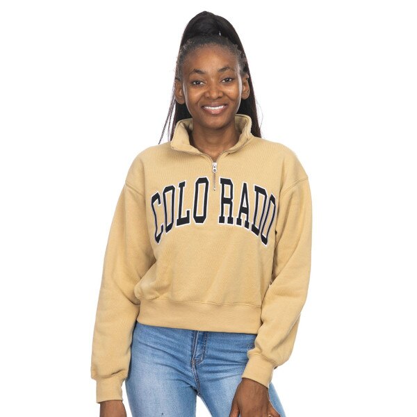 A Vegas Gold collared quarter zip with Colorado in arched black lettering.